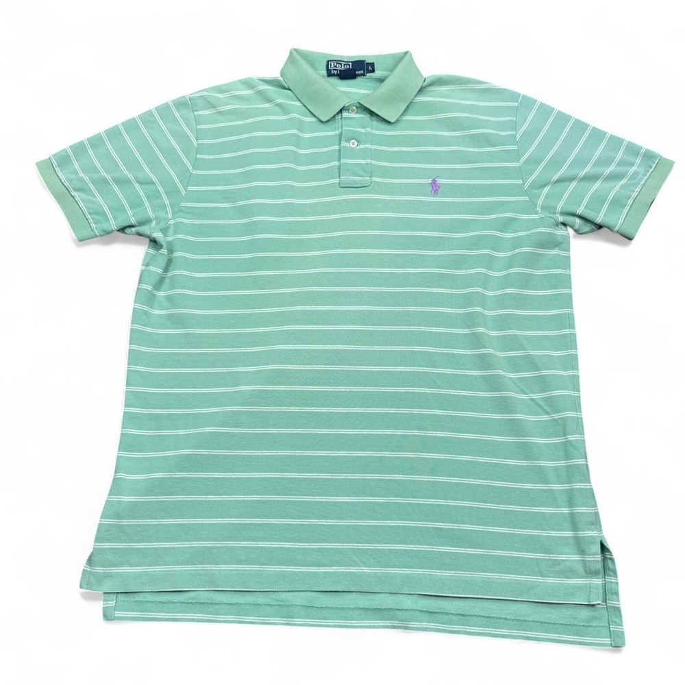 Ralph Lauren Polo Shirt Mens Size Large Light Green‎ Striped Vintage Casual Pony